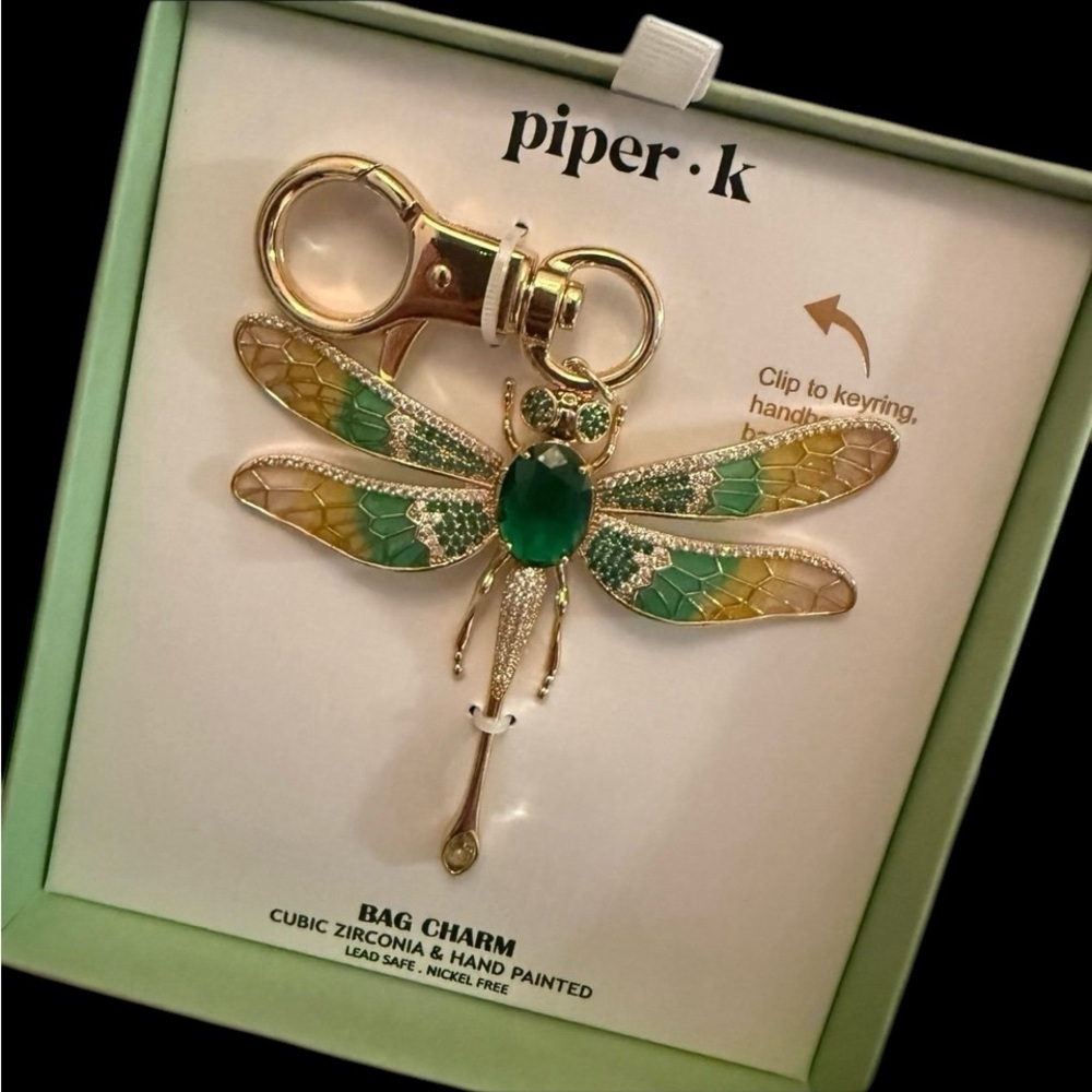 PIPER K Dragonfly Gold Hand-Painted with CZ Articulated Wings Bag Charm NEW NWT - Picture 5 of 15